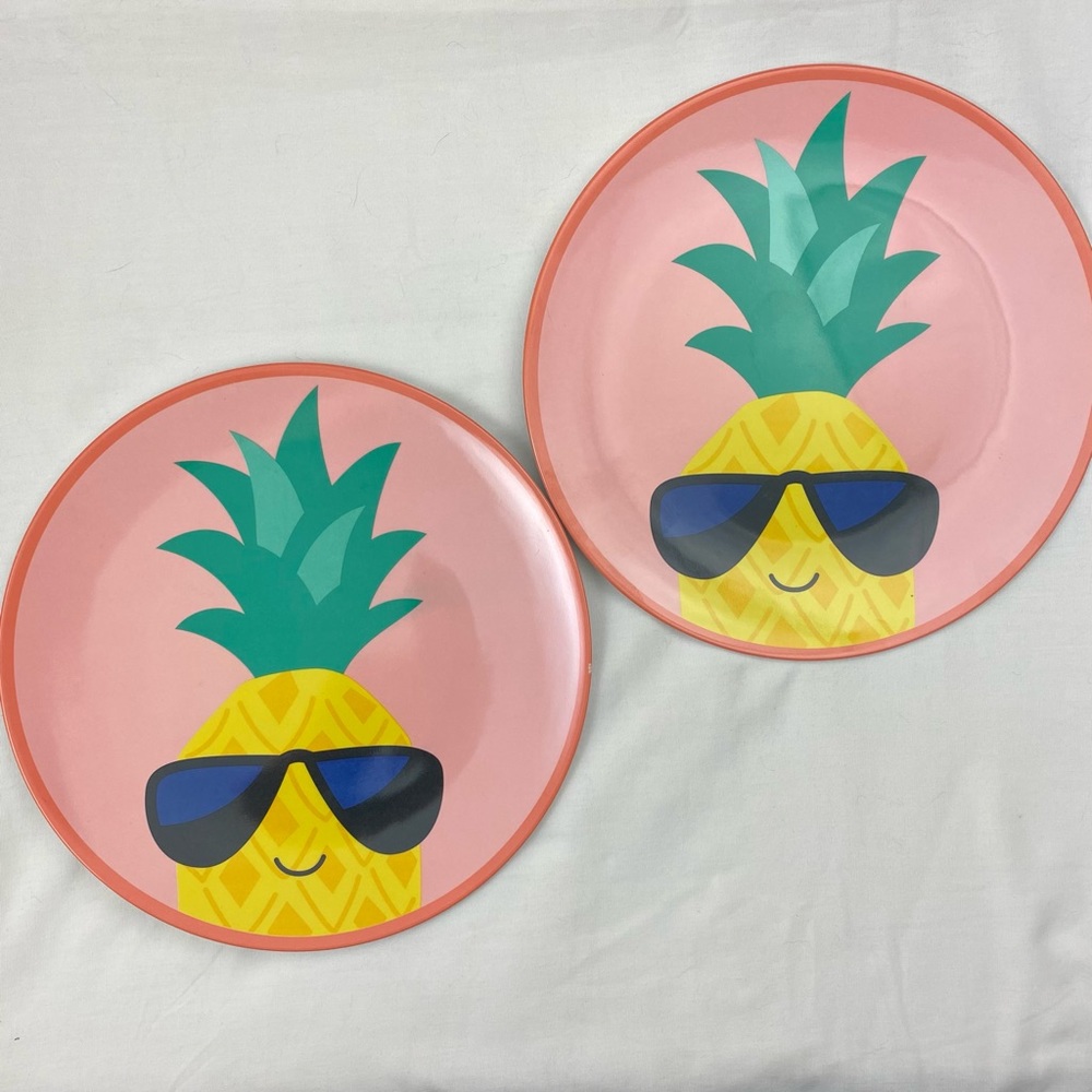 Lot of 2 Pineapple in Sunglasses Melamine Plates 10.5 dia Summer Sun Squad NEW